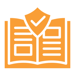 Open book with shield and checkmark.