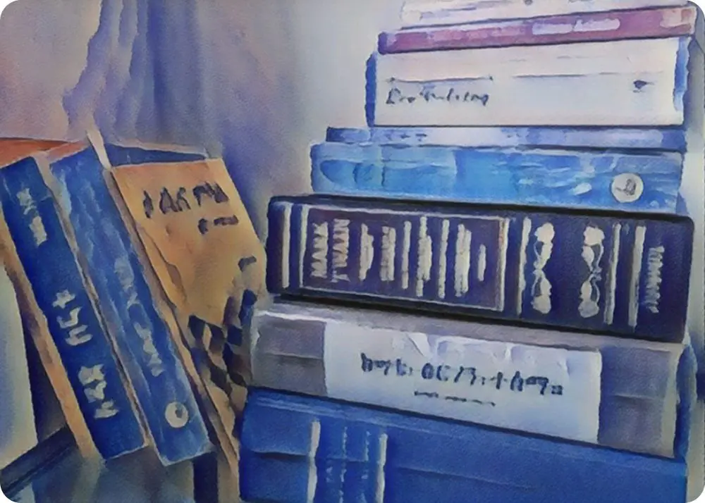 Stack of blue hardcover books on shelf